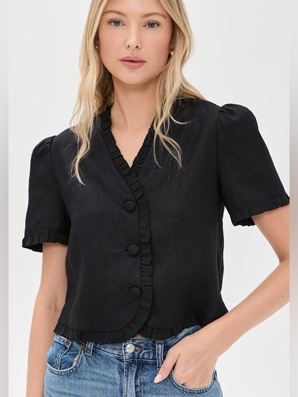 Reformation Bess Linen Blouse Black Puff Sleeve Top